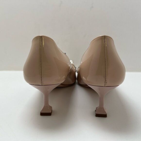 Miu Miu Embellished Patent Leather Tan Pumps Pedestal Kitten Heel Beige Sz 36.5 - Picture 8 of 13